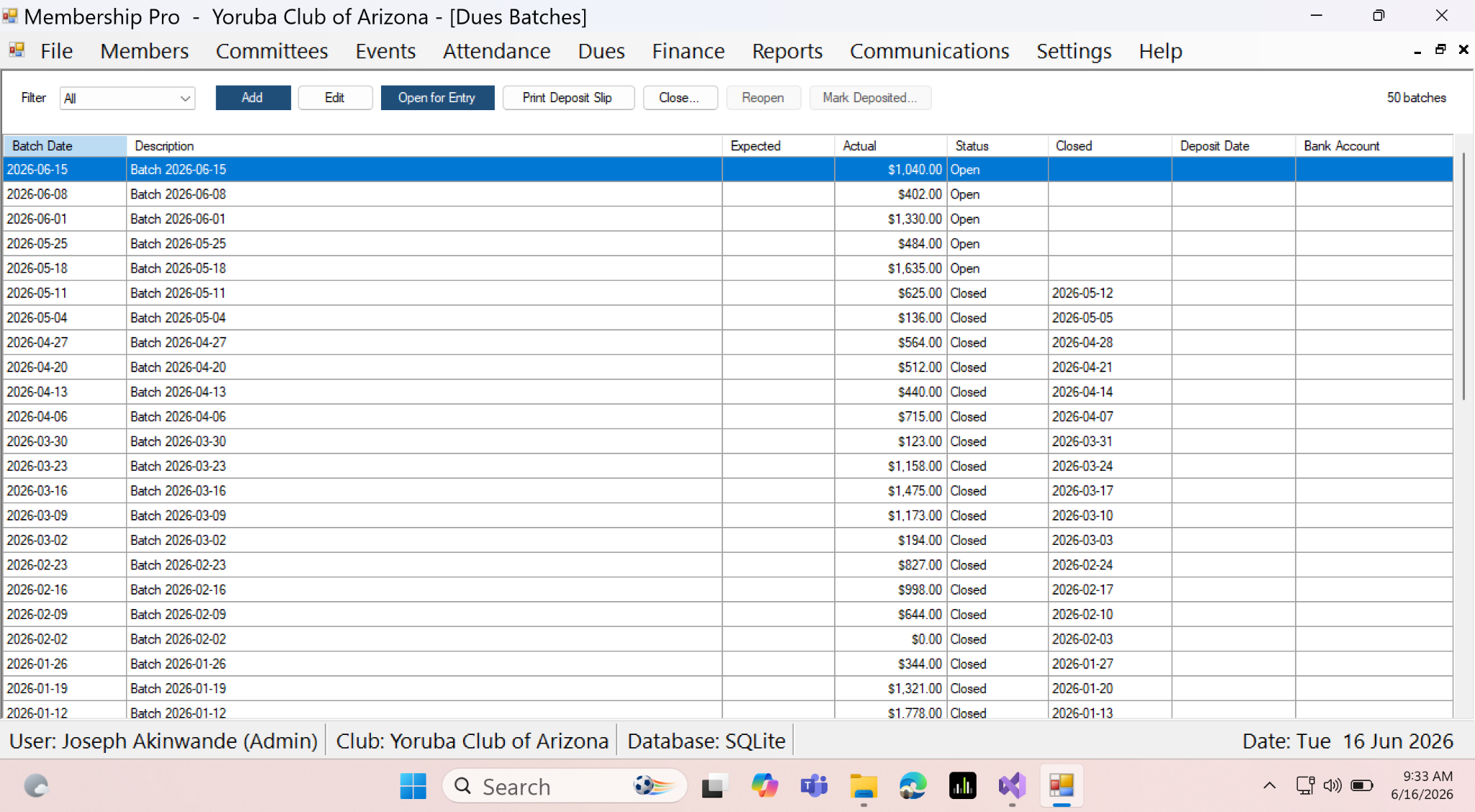 Membership Pro dues batches screen