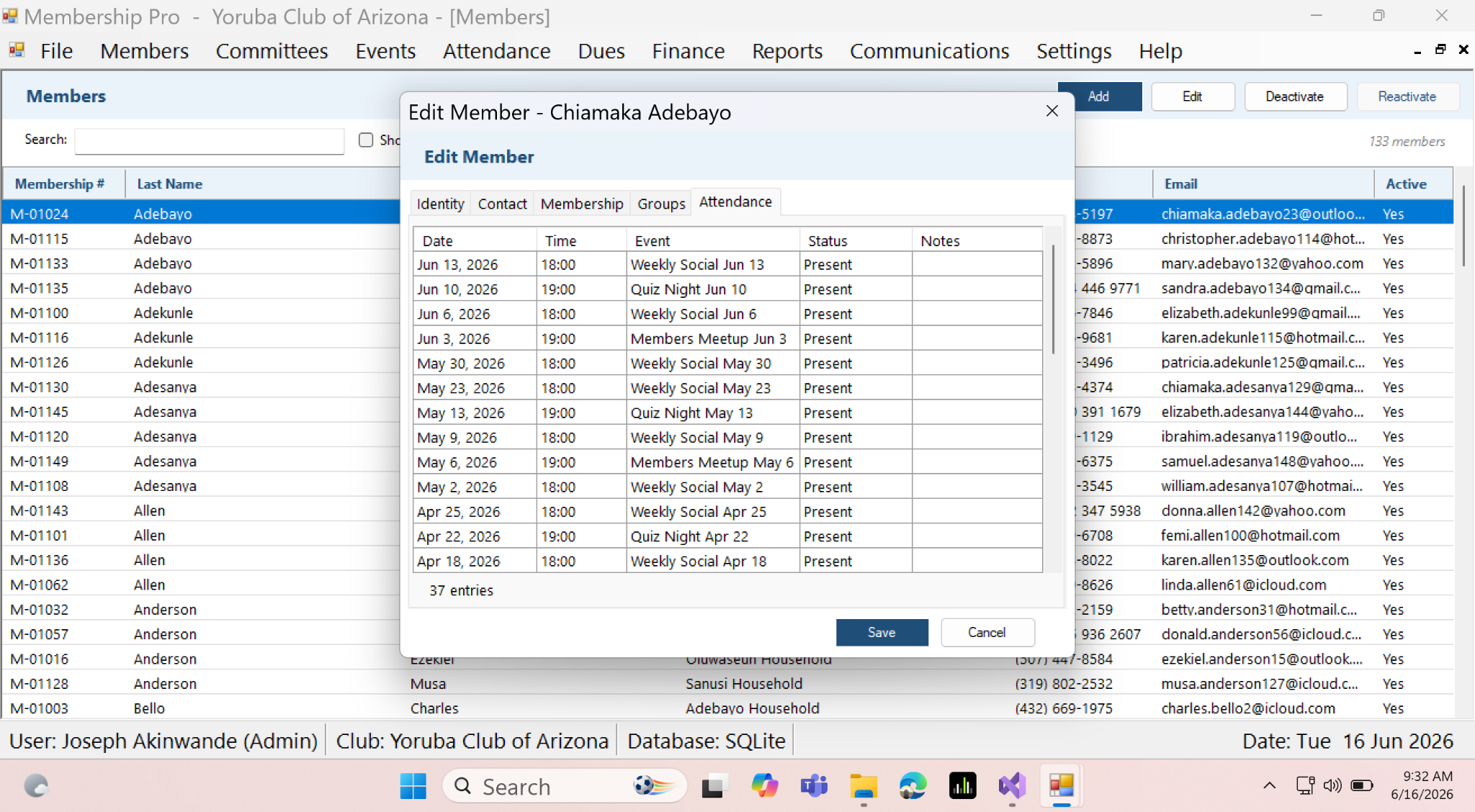 Member attendance history