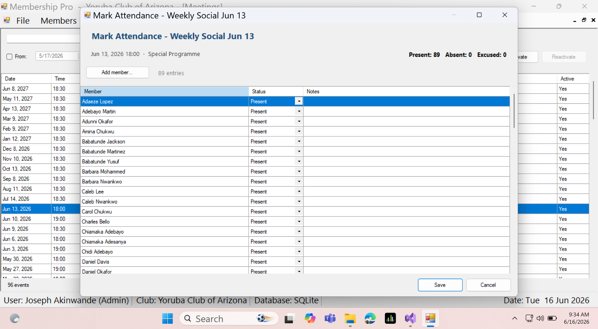 Membership Pro attendance tracking screen